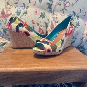 🌺 TOMS Floral Cork Wedge Peep Toe Shoes Size 10 Like New
